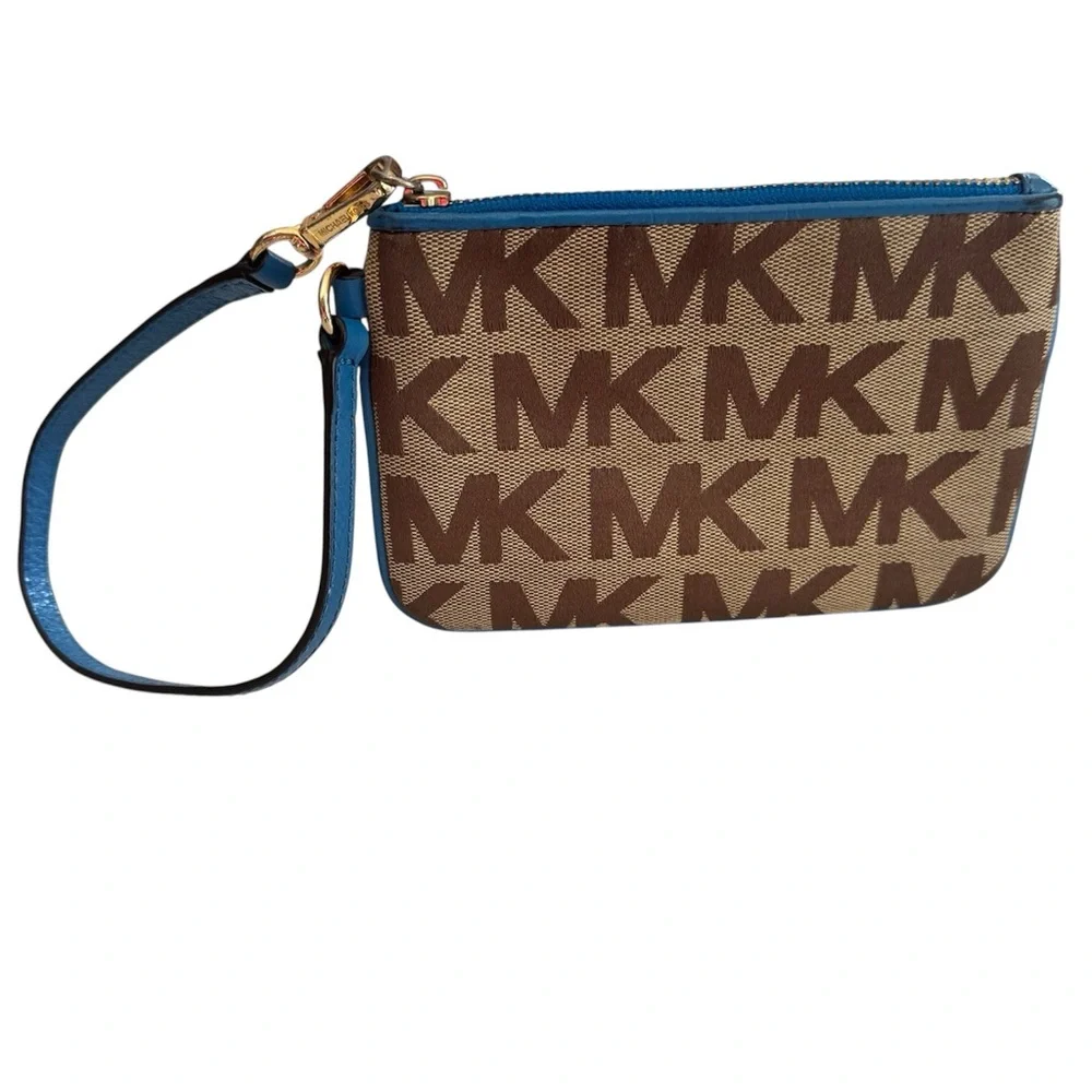 Michael Kors Tan and Blue Logo Wristlet